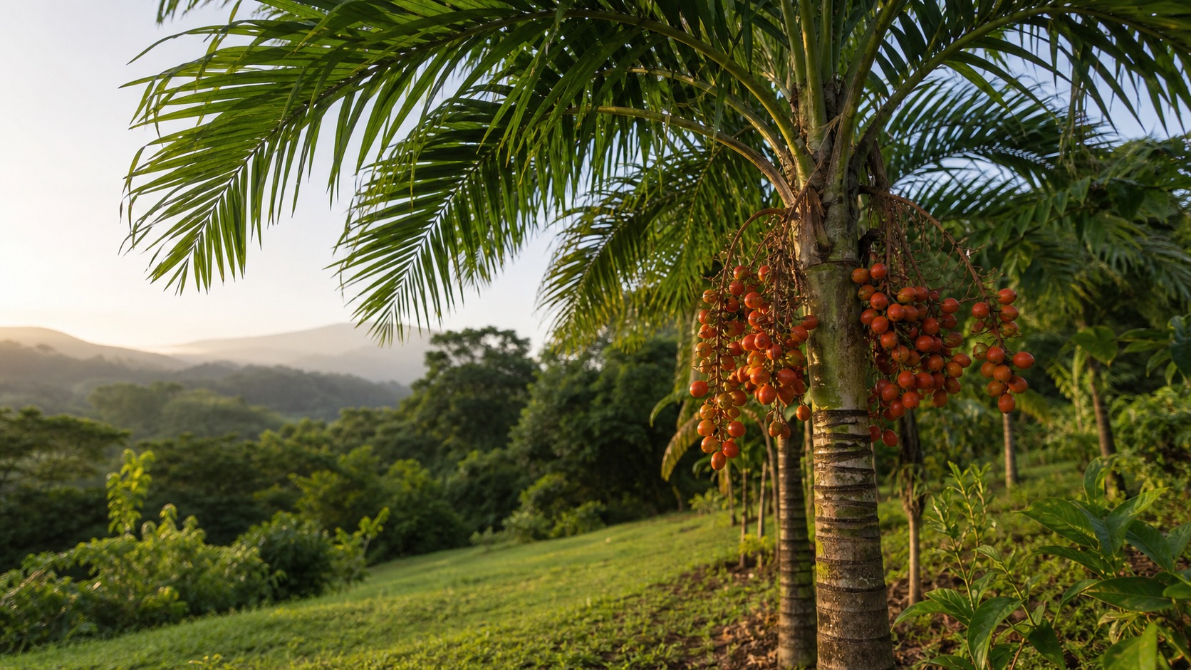 Árbol de pejibaye en una finca tropical de Costa Rica